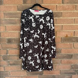 Ruiyige Black Halloween Bats Pumpkin Witches Cats Print Long Sleeve Dress XL